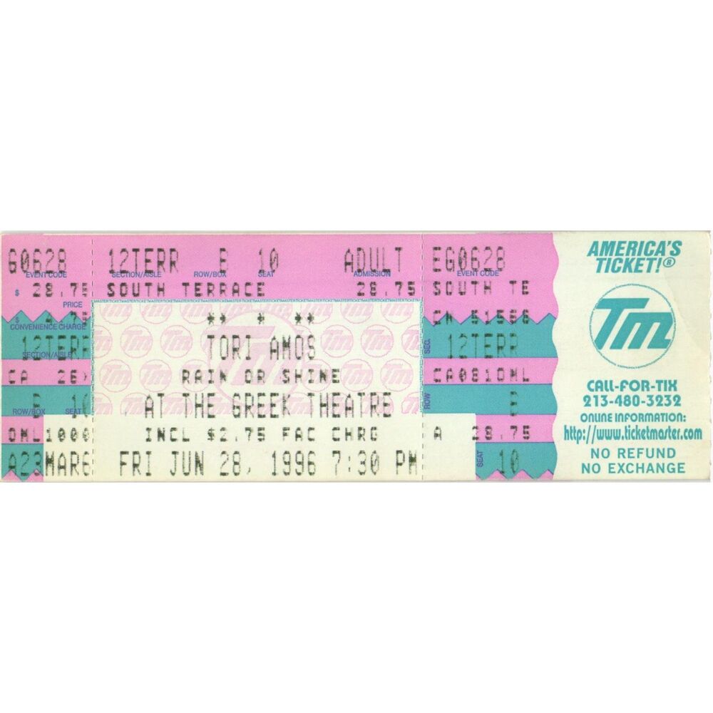 Vintage 1996 Tori Amos Complete Ticket Stub Los Angeles CA